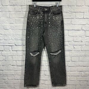 NWT Fashion Nova Razzle Bead Dazzle Straight Leg Denim Jeans Sz 9 Grey-Wash